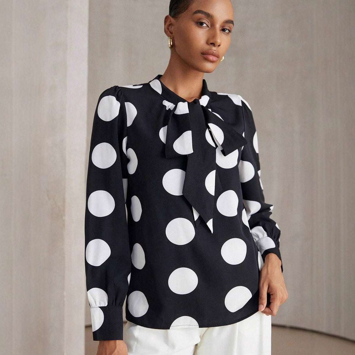 Versatile Polka-dot Long-sleeve Shirt Retro Top